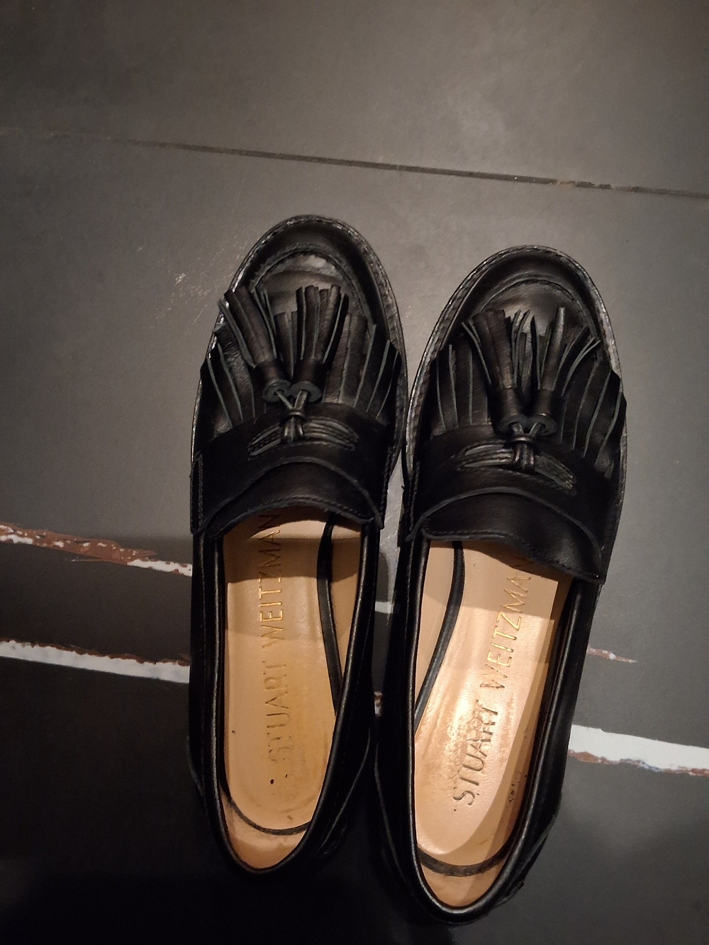 Stuart Weitzman Black Leather Tassel Kiltie Loafers - Classic Slip-Ons